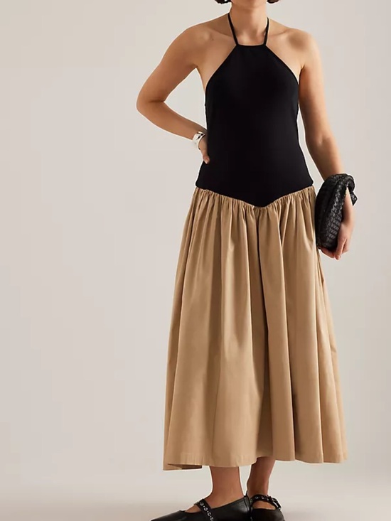 Anthropologie Dresses & Skirts - Anthropologie Tan Gathered Drop Waist Midi Halter Dress